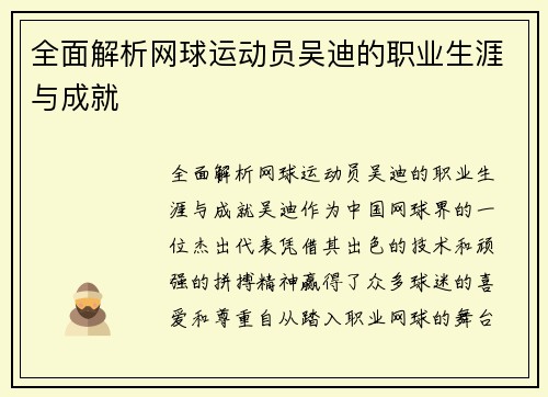 全面解析网球运动员吴迪的职业生涯与成就